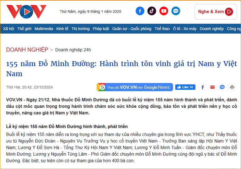 Báo VOV đưa tin về hành trình 155 năm tôn vinh giá trị nam y Việt Nam của ĐỖ Minh Đường